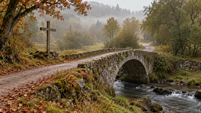 Jan nepomucen figura: Kamienny most nad strumieniem i drewniany krzyż przy wiejskiej drodze