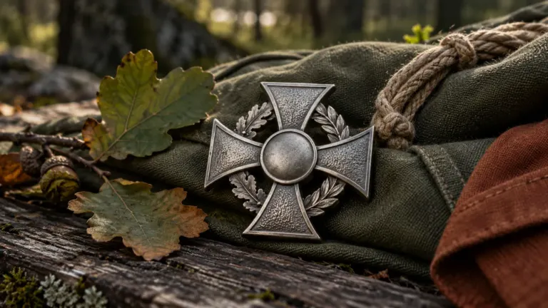 Krzyż harcerski: Metalowy krzyż na oliwkowej tkaninie obok dębowych liści i sznura