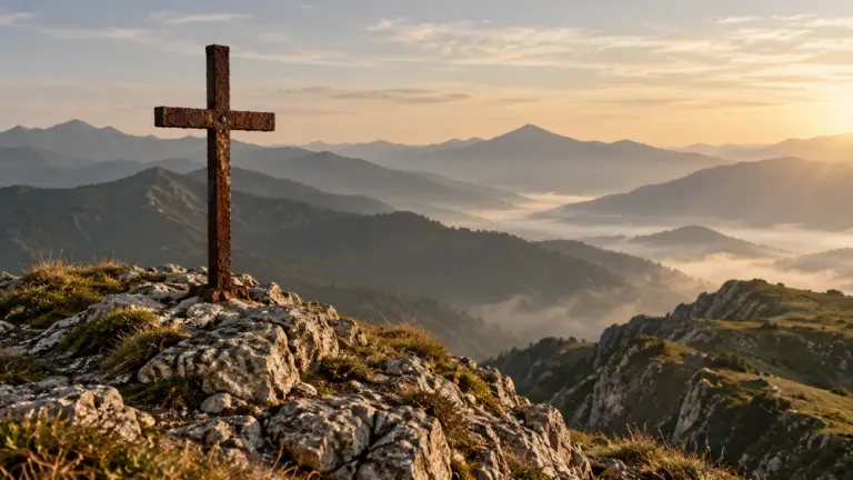 Krzyż na giewoncie: Żelazny krzyż na skalistym wzniesieniu w porannym świetle ponad mglistymi górami