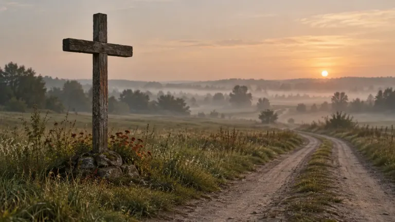 Krzyż przydrożny: Drewniany krzyż przy polnej drodze w delikatnym świetle poranka