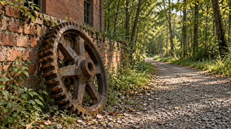 Starachowice: Stare koło zębate przy ceglanym murze obok leśnej ścieżki