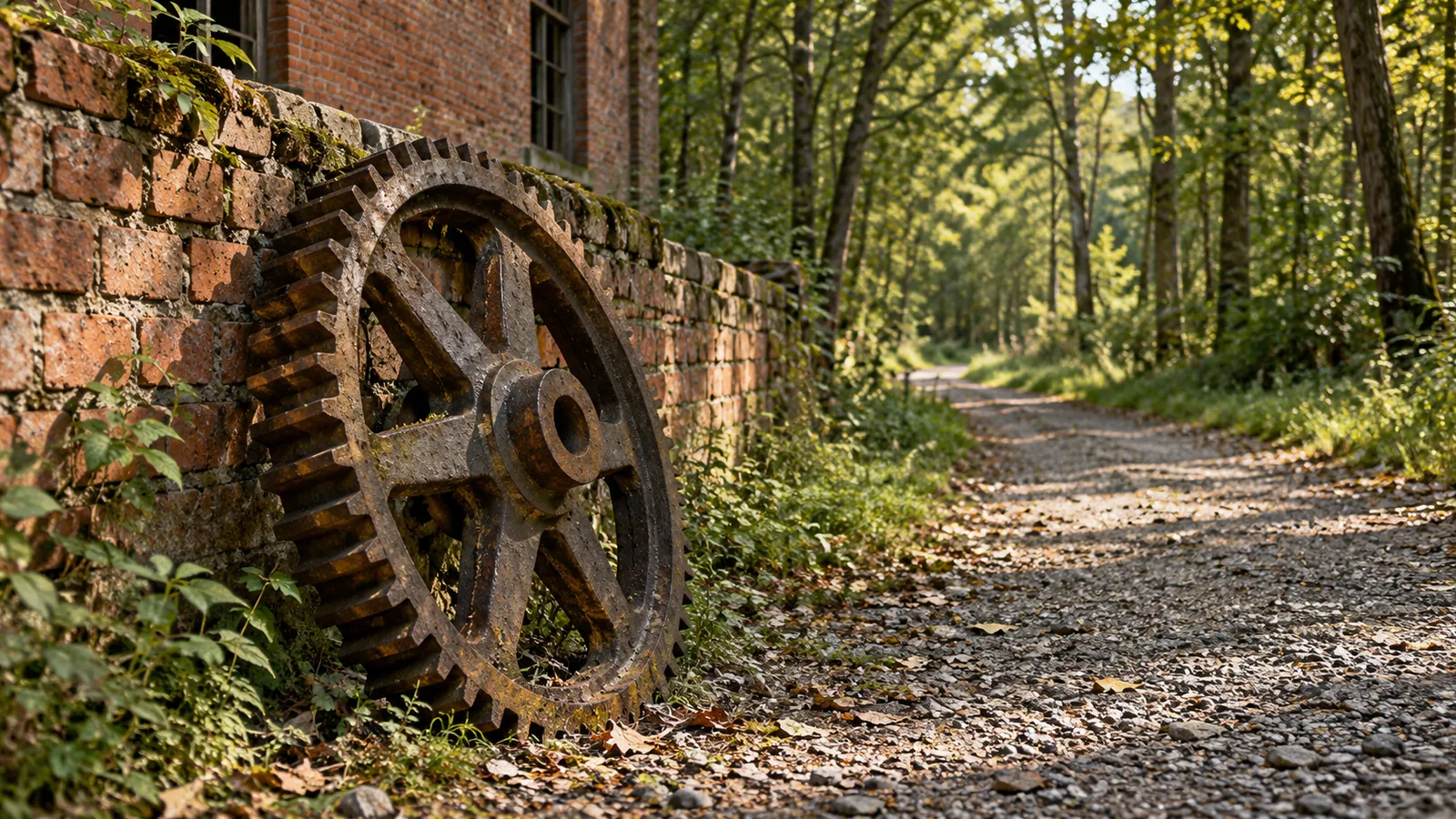 Starachowice: Stare koło zębate przy ceglanym murze obok leśnej ścieżki