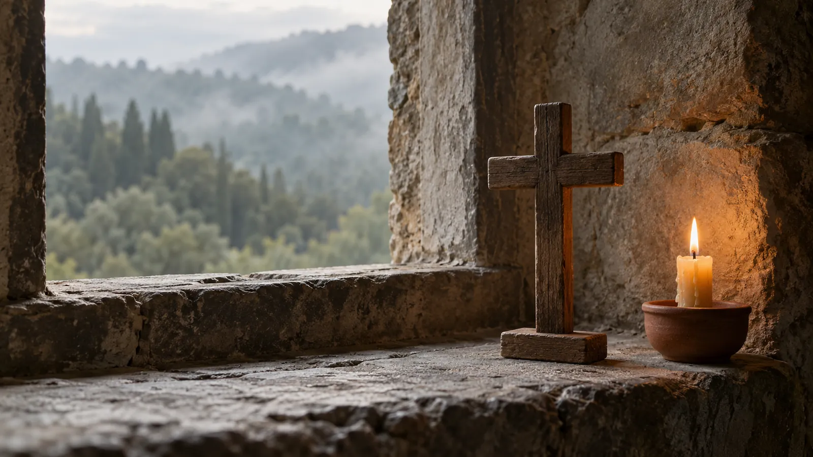 Święty krzyż: Drewniany krzyż i płonąca świeca przy oknie z widokiem na las
